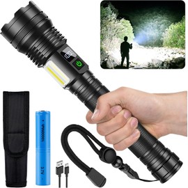 ASORT Rechargeable Torch 990,000 Lumens, Extremely Bright USB Rechargeable Tactical Torches, Zoomable, IP67 Waterproof, 10 Light Modes for Home, Outdoor, Emergencies, Patrol, Camping (with Battery)