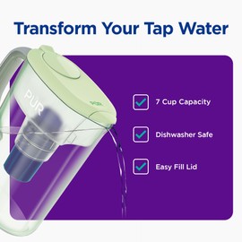 PUR 7-Cup Water Pitcher, 1 Genuine Filter, Cleaner, Great-tasting Water, Dishwasher Safe, Powerful, Faster Filtration, LockFit Cap Design - Lime
