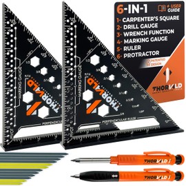 THORVALD 2 Carpenter Square 7 inch (1/16" Precision) + 2 Pencils + 12 Leads - T Square Multi-Purpose Carpenter Tools : Wrench, Square, Protractor, Ruler, Marking Gauge, Drill Gauge, Carpentry Pencil