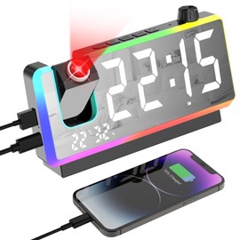 GuDoQi Projection Alarm Clock for Bedroom with RGB Night Light, Digital Clock with 180° Projector & 8 Mode Light, 7" Large LED Display, Dual Alarms, Temperature&Humidity, Dual USB Port, Snooze, Black