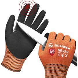 Schwer ProGuard Highest Level Cut Resistant Work Gloves PR3326 for Extreme Protection, ANSI A9 Working Gloves with Sandy Nitrile Coated, Touch-screen, Durable, Machine Washable, Orange 1 Pair（S）