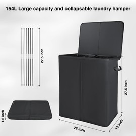 Voova 154L Double Laundry Hamper with Lid and 2 Removable Laundry Bags, Large Collapsible 2 Dividers Dirty Clothes Basket with Handles for Laundry Room, Bedroom, Bathroom, College Dorm, Black