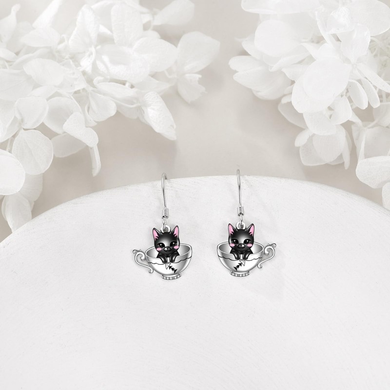 KNTTZZI Black Cat Earrings Cute Cup Kitty Dangling Earrings 925