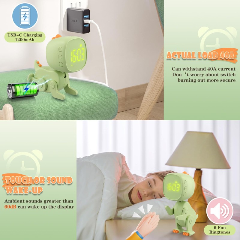 Children's Alarm Clock with 3 Alarm Indicators - Digital Alarm