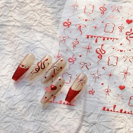 Bow and Snake Nail Art Stickers with Rhinestones Designs Red Heart Bows Snake Nail Decals 3D Self-Adhesive French Manicure Acrylic DIY Decoration Charm Supplies for Women and Girls
