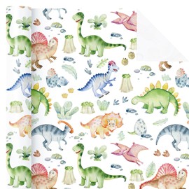 WRAPAHOLIC Dinosaur Baby Shower Wrapping Paper - Mini Roll - 17 Inch x 16.5 Feet - Green Plants and Cute Dinosaur Wrapping Paper for Baby Shower, Boys Birthday, Baptism Gift Wrap