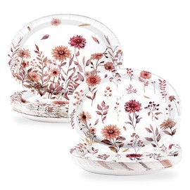 50Pcs Fall Wildflower Oval Paper Plates 10" x 12" Large Disposable Heavy Duty Watercolor Autumn Vintage Wild Floral Dessert Platter for Thanksgiving Wedding Dinner Birthday Party Supplies Decorations