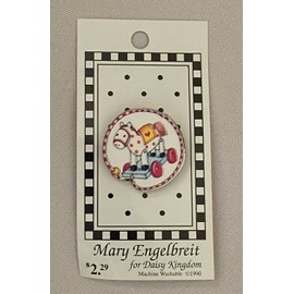 MARY ENGELBREIT WOODEN BUTTONS PULL TOY HORSE 1" 1 PER CARD NEW OLD STOCK
