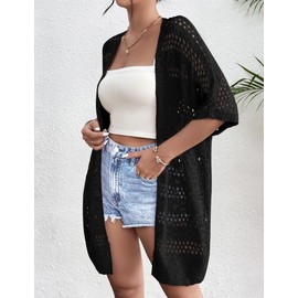 Zeagoo Women's Black Summer Lightweight Crochet Cardigan Short Sleeve Open Front Knitted Cardigans Boho Kimonos