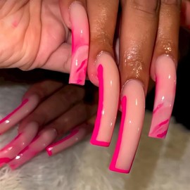 RUOKEXIN Long Press on Nails French Tip Fake Nails Curved Nail Tips Red Ombre False Nails with Designs Extra Curve Square Nail Press ons Sparkly Artificial Nails for Women 20Pcs