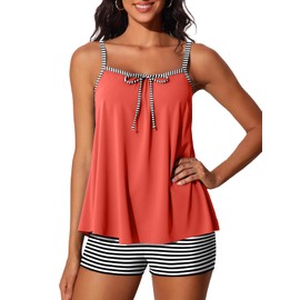 Summer Mae - Trajes de baño de dos piezas para mujer, tankini con control de abdomen y pantalones cortos, Naranja Rosa Raya, X-Large
