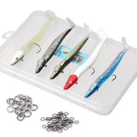 DONQL Soft Fishing Lures with Lead Head Jigs Hooks, Sidewinder Sandeel Rhubarb Custard Sea Fishing Lures with Box (Pack of 5) (3.75"/3.9oz 5pcs)