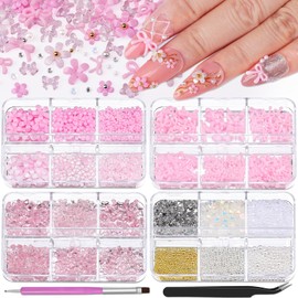 4 Boxes 3D Bow & Flower Nail Charms and Gems, Transparent/Solid Mini Bow Charms Pink Flowers Clear Rhinestones White Pearls Aurora Bubble Beads Gold/Silver Caviar Beads with Pickup Tools