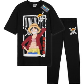 One Piece Pyjamas Set for Men Teens & Boys, Black Cotton T-Shirt & Bottom, Nightwear Loungewear Clothes, Manga Anime Gifts (S, Black)