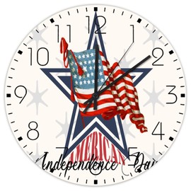 Autravelco Wooden Wall Clock Non-Ticking Quartz Battery Operated American Patriotic Star USA Flag Retro Wall Clocks Memorial Day Wall Decor for New Home Patio Exercise Room 15 Inch