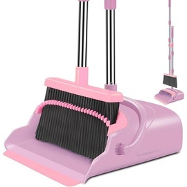 kelamayi Upgrade Broom and Dustpan Set, Large Size and with Long Handle, Upright,Ideal for Indoor Outdoor Garage Kitchen Room Office Lobby Use (Green) - Color: Pink