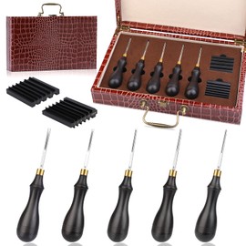 TLKKUE Leather Edge Beveler, 5 Size of Leather Skiving Kit with Sandalwood Handle, 2 Models Sharpener Guide for Leather Cutter Head, Different Sizes Leather Edges Skiving Tools for DIY Leather Craft