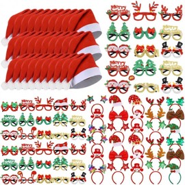 Maysing 150 Pcs Christmas Party Gifts Bulk Christmas Glasses Frame and Headbands, Santa Hats, Beaded Necklaces, Snap Bracelets for Women Men Photo Booth Xmas Costume Holiday Party