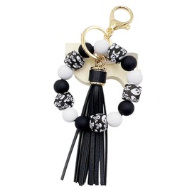 Acrylic Silicone Beaded Bracelet Keychain Key Ring for Women, Key Chain with PU Tassel, Car Keyring Wristlet Bag Pendant (Black Skull)