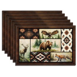 WADORN 6Pcs Forest Wild Animals Placemats, 11.8x17.7 Inch Fox Bear Deer Placemat Rectangle Geometric Print Abstract Art Kitchen Dining Table Mat Washable for Indoor Outdoor Home Party Table Decor