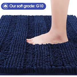 ACCUMTEK Striped Navy Blue Bathroom Rug Mat Set 2 Piece 24"x17"+48"x20" Ultra Soft, Non Slip Chenille Bath Rugs, Absorbent Plush Shaggy Bath Mats for Bathroom, Bedroom, Kitchen, Shower, Tub