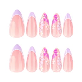 SINHOT Almond Press on Nails Medium - Daisy Flower Fake Nails Glossy Glue on Nails Purple French Tip Acrylic Nail Supplies Stiletto Artificial Nail Art Stick on False Nails with Design DIY 24 pcs