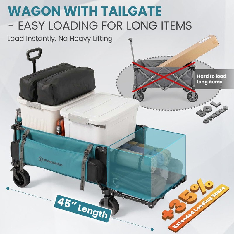 FUNDANGO 45" Extra Long Collapsible Wagon with Tailgate, 400LBS Heavy