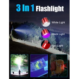 Vnina UV Rechargeable Flashlights Tactical,1000 High Lumens 3 in 1 LED Black Light Flashlight -Magnetic Base/Sidelight/Zoomable, Bright Pocket Flash Light for Stains Detection Camping Emergency,Red