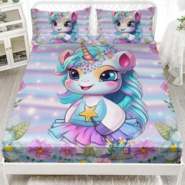 AILONEN Unicorn Bedding Set Twin XL Size, Cute Magic Unicorn Sheets Colorful Flowers Bed Sheets Decor for Kids Girls Teen 3 Pieces Set, 1 Fitted Sheet and 2 Pillowcases