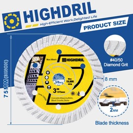 HIGHDRIL 75 mm x 10 mm diamond saw blade, 2 pieces dry/wet wheel disc for cutting granite, hard concrete, hard plastic, natural stones, clinker brick