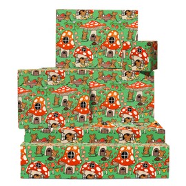 Mushroom Wrapping Paper - Mushrooms And Mouse - 6 Sheets Green And Red Gift Wrap For Birthday Christmas Easter Thanks Giving All Occasion - Includes Tags - Cute Giftwraps For Girls Women Mum Friends