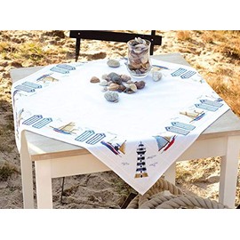 VERVACO Tovaglia Punto Croce con Tela Aida in Riva al Mare Biancheria da Tavola Set Fai da Te Creativo Punto Croce Contato Kit 80 x 80 cm Hobby Creativi Adulti Casa Decor Cross Stitch Embroidery