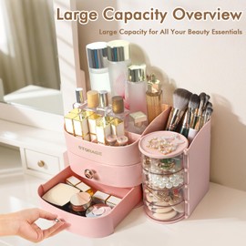 XIAPIA Makeup Organizer Countertop, Make Up Organizer for Vanity, Skincare & Cosmetic Organizers with Drawers, Bathroom Organizers Storage for Brush Holder|Lipstick|Jewelry, Ideal Gift for Women PINK