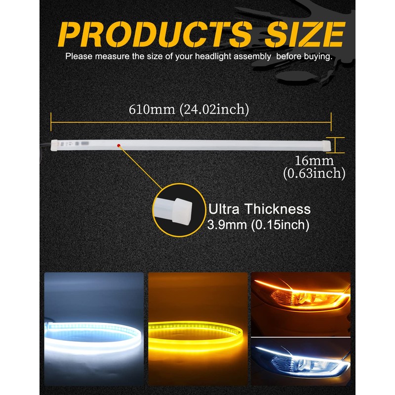 Qasim 60cm White&Yellow Cars DRL LED Strip Daytime Running Lights