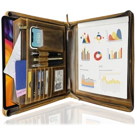 Leather Portfolio for Men - Full Grain Leather Padfolio Folder - Zipper Folio Documents Organizer - Professional Business Executive Gift for Men Women