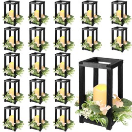 Hushee 60 Pcs Wooden Wedding Lantern Centerpiece Integrated Holders with Candles and Wreaths Rustic Wooden Candle Lantern Decor for Wedding Party Table Valentine Decor (Black)