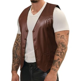 Barry.Wang Mens Leather Suit Vests Casual Western Cowboy Vest V-neck Jacket Lightweight Waistcoat
