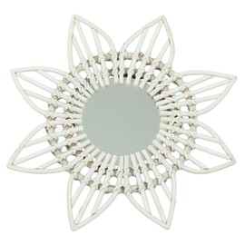 Rattan Wall Mirror White Flower Shape Rustic Vintage High Polished Glass Decorative Mirror for Entryway Bedroom Bathroom