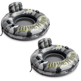 Intex 56835EP River Run I Camo Inflatable Floating Towable Water Tube Raft with Cup Holders and Handles for River, Lake, or Pools, Gray Camo (2 Pack)