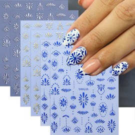 Nail Stickers for Nail Art Blue Nail Decals Bohemian Style Nail Design Sticker 6PCS 3D Self-Adhesive Blue Gold Nail Art Supplies Slider Manicure Accessories Retro Stickers for Women Nail Decor