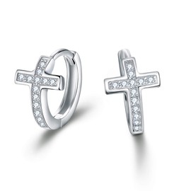 BriLove Cross Earrings Stud Jewelry Small Elegant Hoop for Women Jewellery Brass Cubic Zirconia Religious Tiny Huggie Hoops Clear
