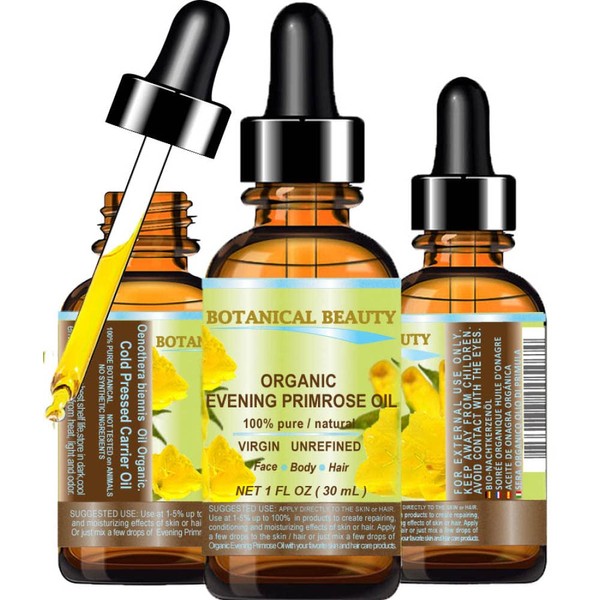 ORGANIC EVENING PRIMROSE OIL. 100% Pure / Natural / Undiluted / Unrefined /Certified Organic/ Cold Pressed Carrier Oil. Rich antioxidant to rejuvenate and moisturize the skin and hair. 1 Fl.oz - 30ml. by Botanical Beauty
