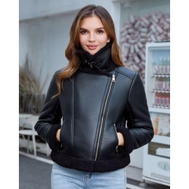 DIASHINY Women's Faux Shearing Fur Lined Coat Cropped Faux Leather Moto Sherpa Jacket Black XL