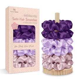 BONNET QUEEN Satin Scrunchies 6-Pack Hair Scrunchies for Women, Soft Hair Ties & Ponytail Holders Elastic Hair Band for Thick & Thin Curly Hair, Deep Purple&Purple&Grey Rose Gold