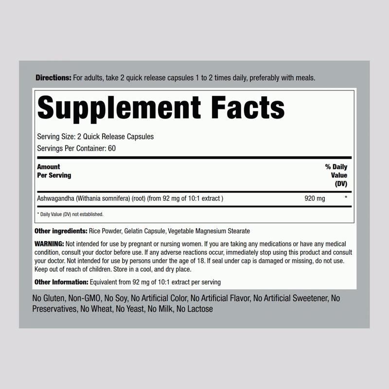 Piping Rock Ashwagandha Root 920mg – 120 Quick Release Capsules