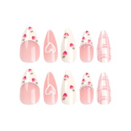 Gentle Claws Press On Nails - Strawberry | Pink Series | Glossy Finish Pink Nails top with Strawberries, Heart, and Pearl | Medium Almond Nails for Women and Girls, 24 Pcs Reusable Fake Nails