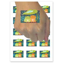 Cute Frog Couple Hiding From Rain Temporary Tattoo Water Resistant Fake Body Art Set Collection - 15 2" Tattoos (1 Sheet)