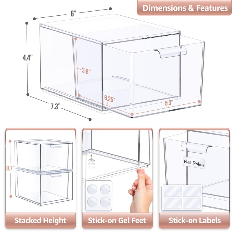 Sorbus 2 Pack Makeup Organizer - Clear Stackable Acrylic Drawer
