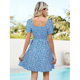 Berydress Womens Wrap Dress 2025 Square Neck Short Sleeve Tie Waist Smocked Sundresses Casual Floral Ruffle Mini Skater Dresses(L,6279-Blue Flo)