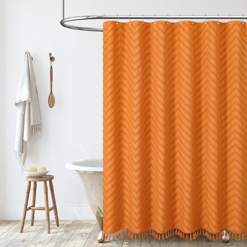 Dynamene Burnt Orange Boho Fabric Shower Curtain, Tufted Chevron Striped